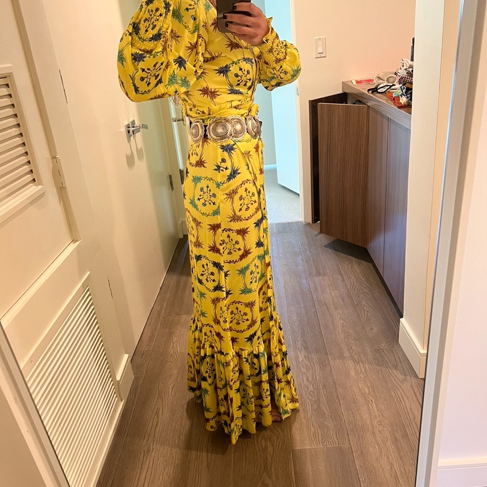Jessie Western Silk Yellow Mushroom Print Wrap Maxi Dress Sz M